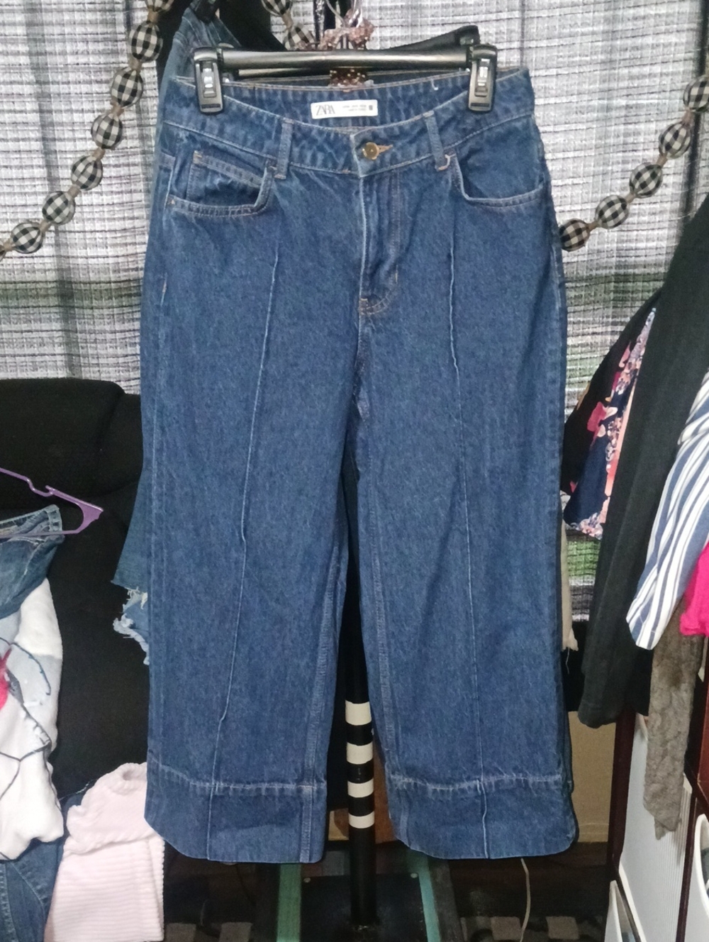 Zara Dark Blue Wide-Cropped Jeans with Front Seams